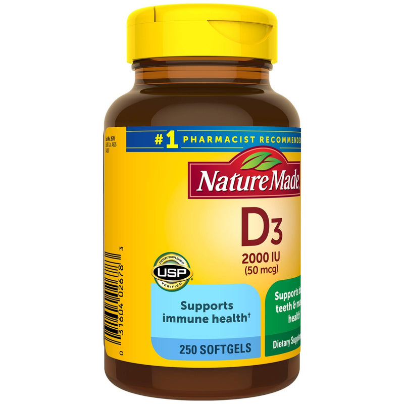 Nature Made Vitamin D3, 250 Softgels, Vitamin D 2000 IU (50 mcg) Helps Support Immune Health, Strong Bones and Teeth, & Muscle Function, 250% of the Daily Value for Vitamin D in One Daily Softgel 250 Count (Pack of 1) - BeesActive Australia