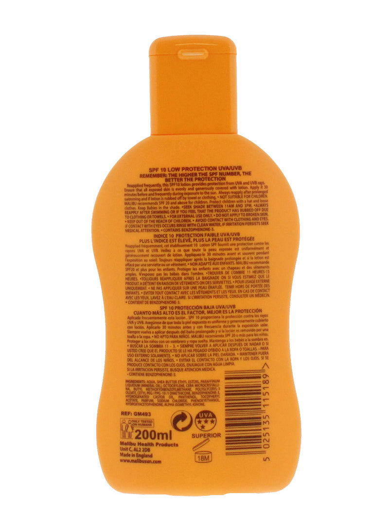 Malibu Low Protection Water Resistant Vitamin Enriched SPF 10 Sun-Screen Lotion, 200ml 200 ml (Pack of 1) - BeesActive Australia