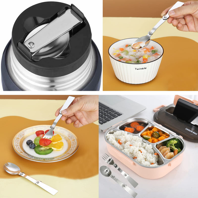 Pinenjoy 3Pcs Protable 3-Fold Spoon Fork Spork 18/10(304) Stainless Steel Foldable Flatware Set for Thermos Camping Picnic Travel - BeesActive Australia