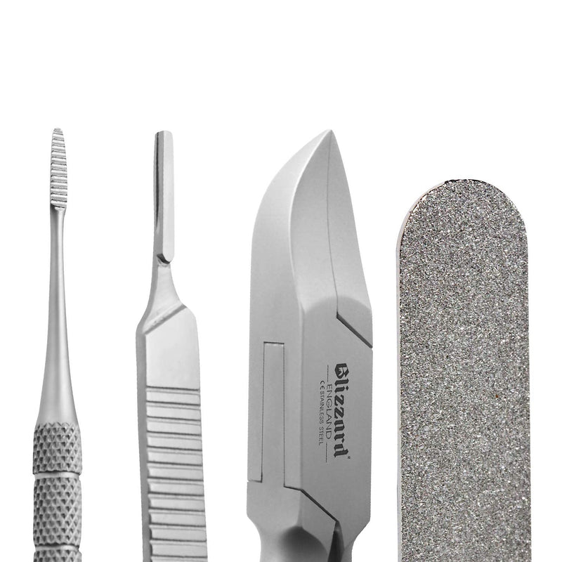 Podiatry Instrument Set by Blizzard – 4 Piece Chiropodist Tools Kit with Nail Nipper, Blacks File, Diamond Deb Dresser and Scalpel Blade Handle - German Forged Implements for Podiatry Care - Hospital Grade 4 Count (Pack of 1) - BeesActive Australia