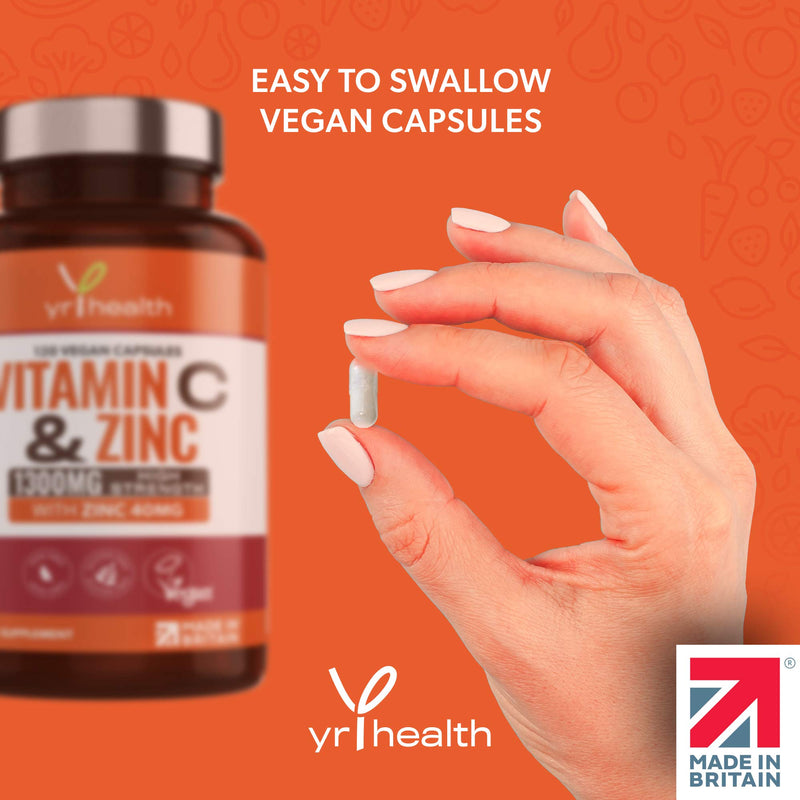 Vitamin C 1300mg and Zinc 40mg High Strength - VIT C and Zinc for Maintenance of Normal Immune System - 120 Vegan Capsules not Tablets - 2 per Daily Serving - Made in The UK by YrHealth - BeesActive Australia