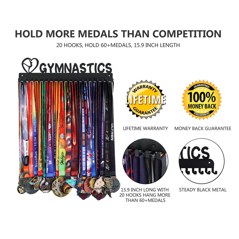 Goutoports Gymnastics Medal Holder Display Hanger Rack Frame for Sport Race Runner - Gymnastics for Girl - Sturdy Black Steel Metal Over 60 Medals Easy to Install - BeesActive Australia