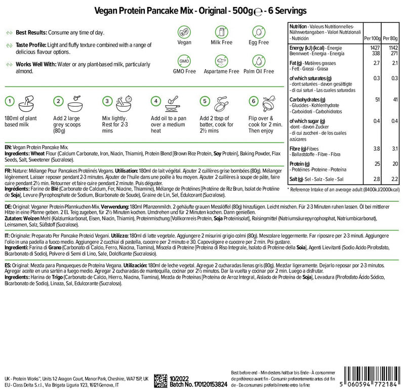 Protein Works - Vegan High Protein Pancake Mix | Low sugar & High Protein | Slow Release Carbs | High Protein Breakfast | Plant Based Breakfast | 6 Servings | Natural | 500g - BeesActive Australia