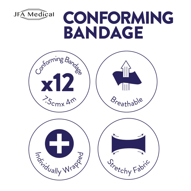 JFA Medical Conforming Bandage, Gauze Bandage Roll 7.5cm x 4m - Pack of 12 7.5cm x 4m (12 count) - BeesActive Australia