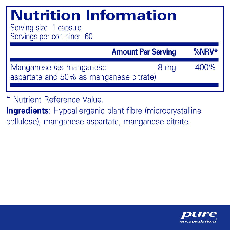 Pure Encapsulations - Manganese 8mg - Highly Bioavailable Essential Trace Mineral Manganese Supplement - 60 Vegetarian Capsules - BeesActive Australia