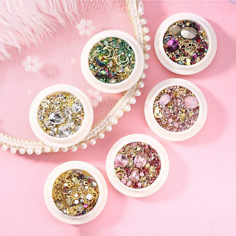 6 Boxes Mixed Nail Art Rhinestones and Nail Rivets Studs, Diamonds Crystals Beads Shiny Rivet Gems for Nail Art Craft 3D Mix-shape Metal Nail Studs Big Gem Nail Decoration Nail Art Supplies - BeesActive Australia