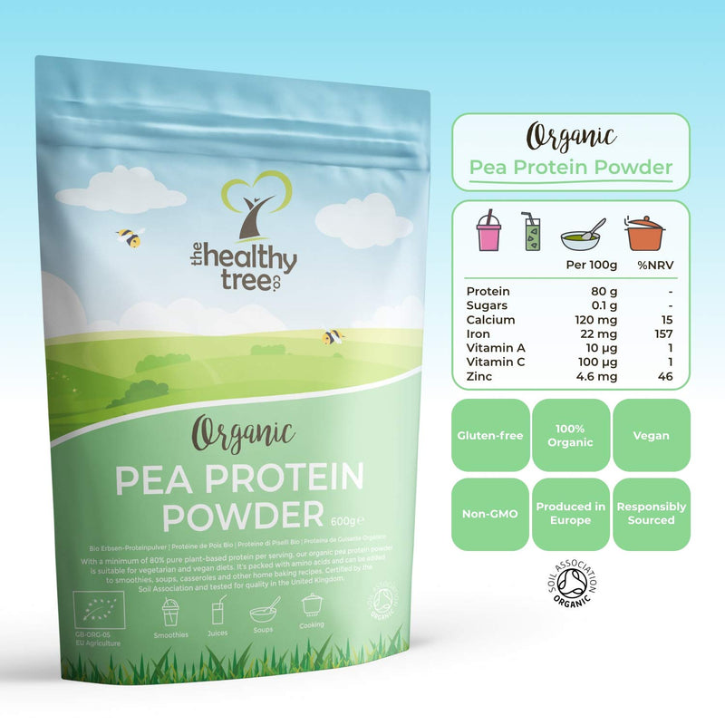 Organic Pea Protein Powder - European Vegan Protein Powder by TheHealthyTree Company for Muscle Growth & Recovery - Non-GMO, Keto and Gluten-Free - Natural Unflavoured Pea Protein (600g) 600 g (Pack of 1) - BeesActive Australia