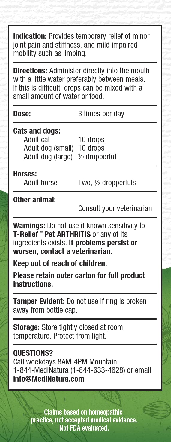 MediNatura T-Relief Pet Arthritis Pain Relief Arnica +12 Powerful Natural Medicines Help Reduce Hip & Joint Pain, Soreness & Stiffness - Fast-Acting, Alcohol-Free Soother for Dog & Cat - 1.69 oz - BeesActive Australia