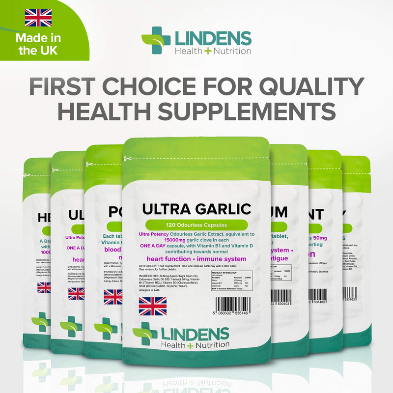 Lindens Ultra Garlic Odourless Capsules - 120 Pack - Including Vitamin B1 and D3 - Contributes to Normal Muscle Function, Heart and Immune Health - 15000mg Garlic (10500mcg Allicin) - UK Manufacturer, Letterbox Friendly - BeesActive Australia