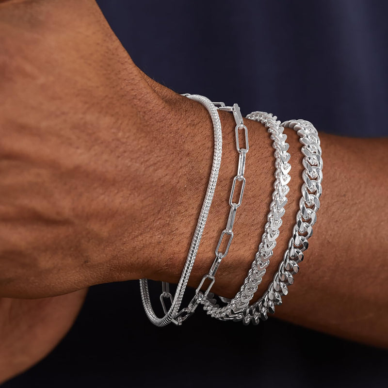 Poaiiu Silver/Gold Layered Chain Bracelets Sets for Men Women Sterling Silver Rope Figaro Cuban Link Chain Bracelets Set Men Jewelry Gifts for Dad Boyfriend Husband Snake Chain - BeesActive Australia