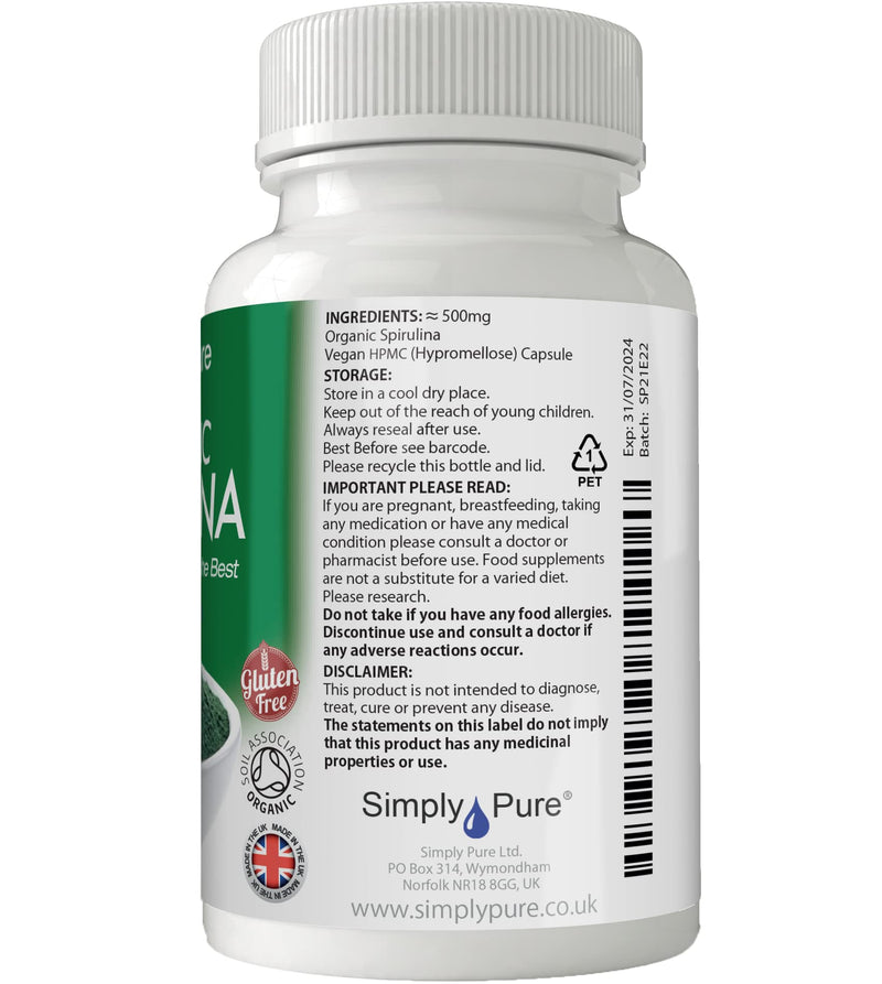 Simply Pure Organic Spirulina Capsules x 90, 100% Natural Soil Association Certified, 500mg, Gluten Free, GM Free and Vegan. - BeesActive Australia
