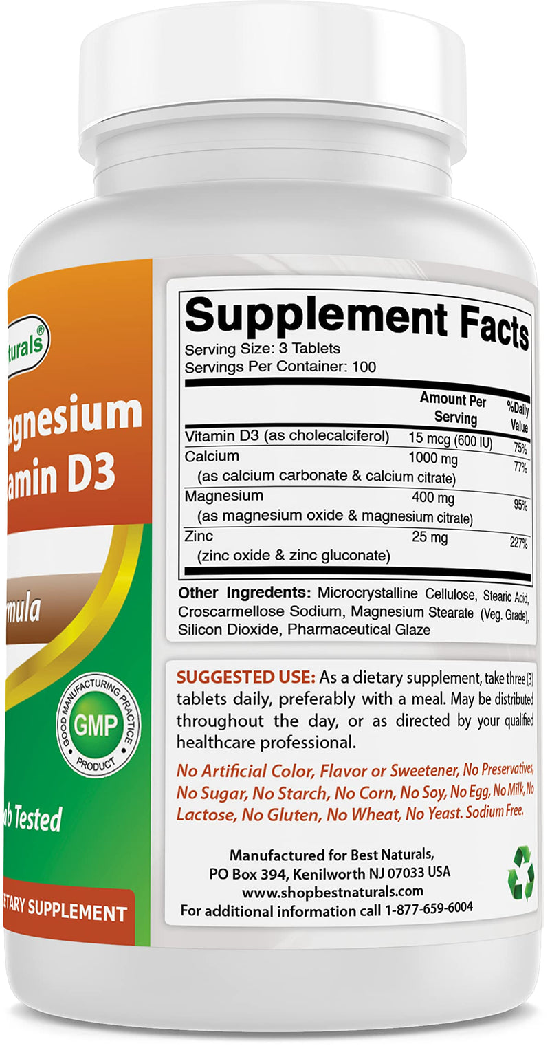 Best Naturals Calcium Magnesium Zinc with Vitamin D3, 300 Tablets - Calcium 1000 mg, Magnesium 400 mg, Zinc 25 mg & D3 600 IU per Serving (3 Tablets) - BeesActive Australia