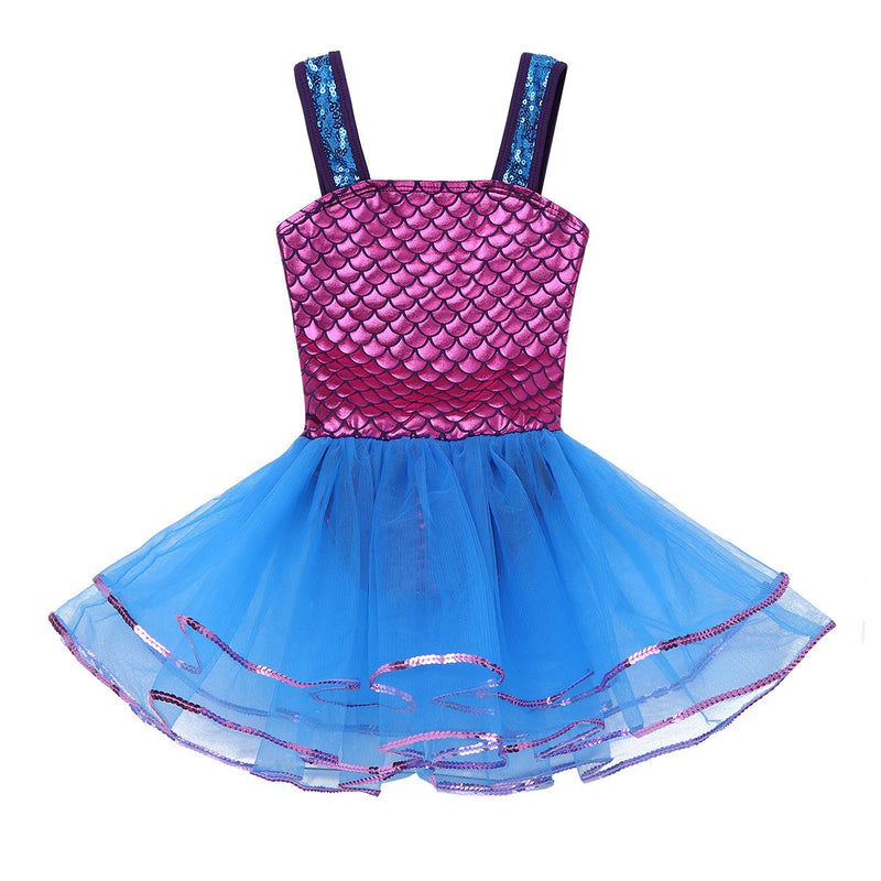 [AUSTRALIA] - inlzdz Kids Girls Ballet Dance Tutu Dress Wide Shoulder Straps Fish Scales Printed/Shiny Sequins Leotard Dancewear Blue 7 / 8 
