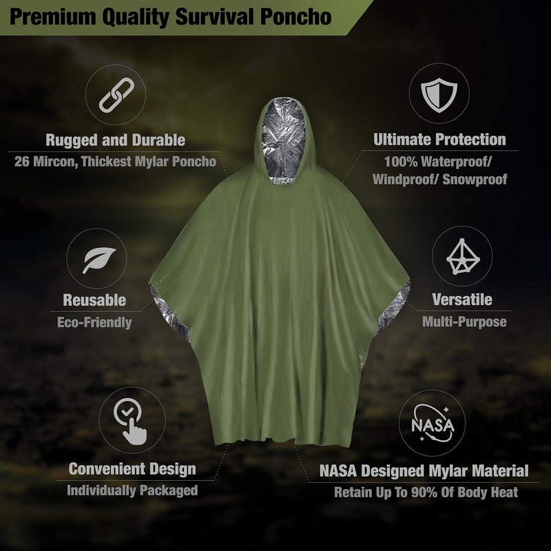EVERLIT [4-Pack] Emergency Survival Rain Poncho Reusable Mylar Thermal Blanket Poncho All Weather Proof Outdoor Camping Gear Green - BeesActive Australia