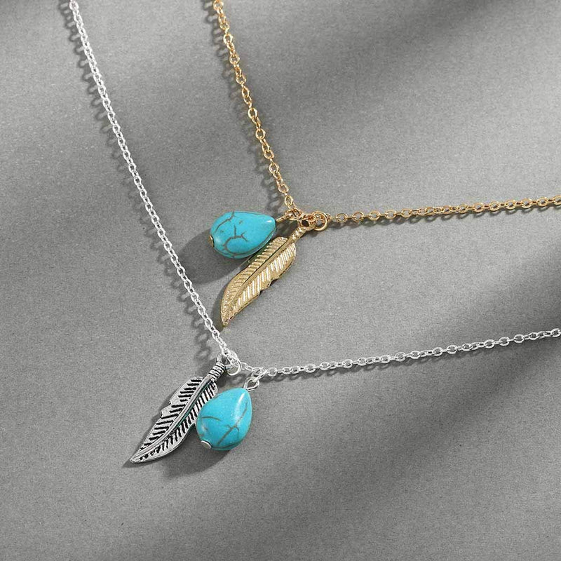 Chicque Bohemian Turquoise Necklace Long Leaf Necklace Chain Pendant Necklaces Jewelry for Women and Girls (Gold) Gold - BeesActive Australia