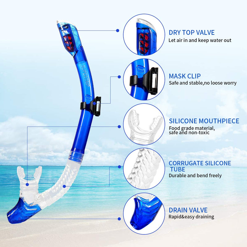 [AUSTRALIA] - Supertrip Snorkel Set Adults-Anti-Fog Film Scuba Snorkeling Diving Mask with Impact Resistant Temperred Glass|Dry Top Snorkel,2 Mouthpieces 1 Waterproof Case Included Blue-set 