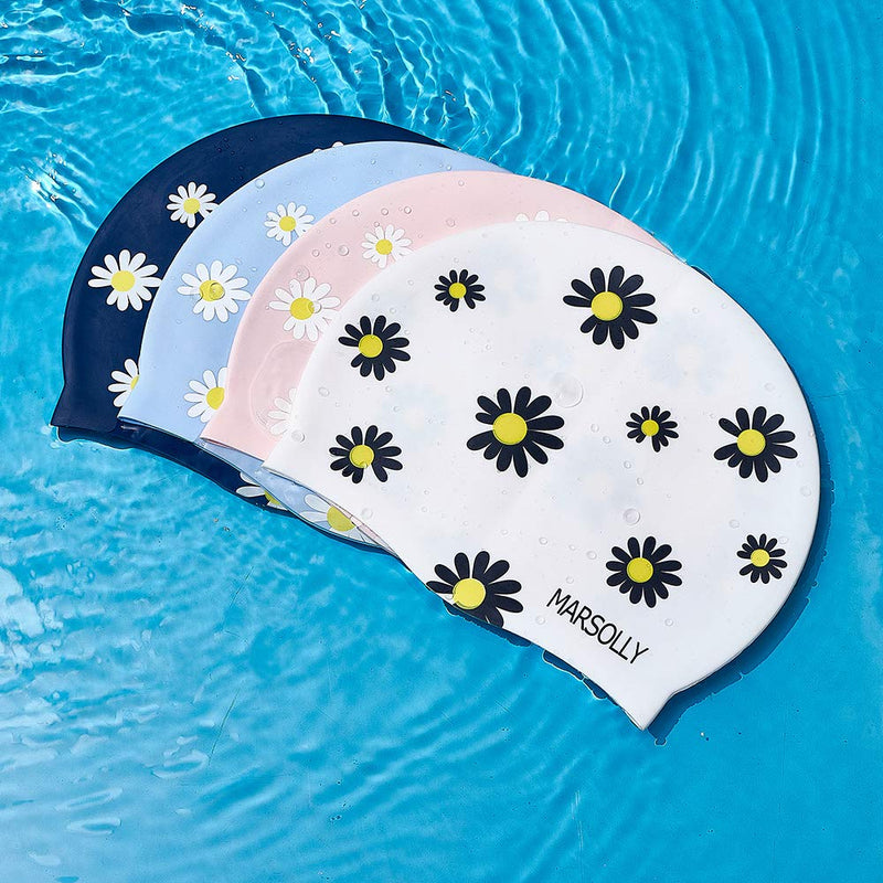 Marsolly Silicone Swim Cap for Women, Waterproof Long Hair Swimming Caps with Flower Printed Navy - BeesActive Australia