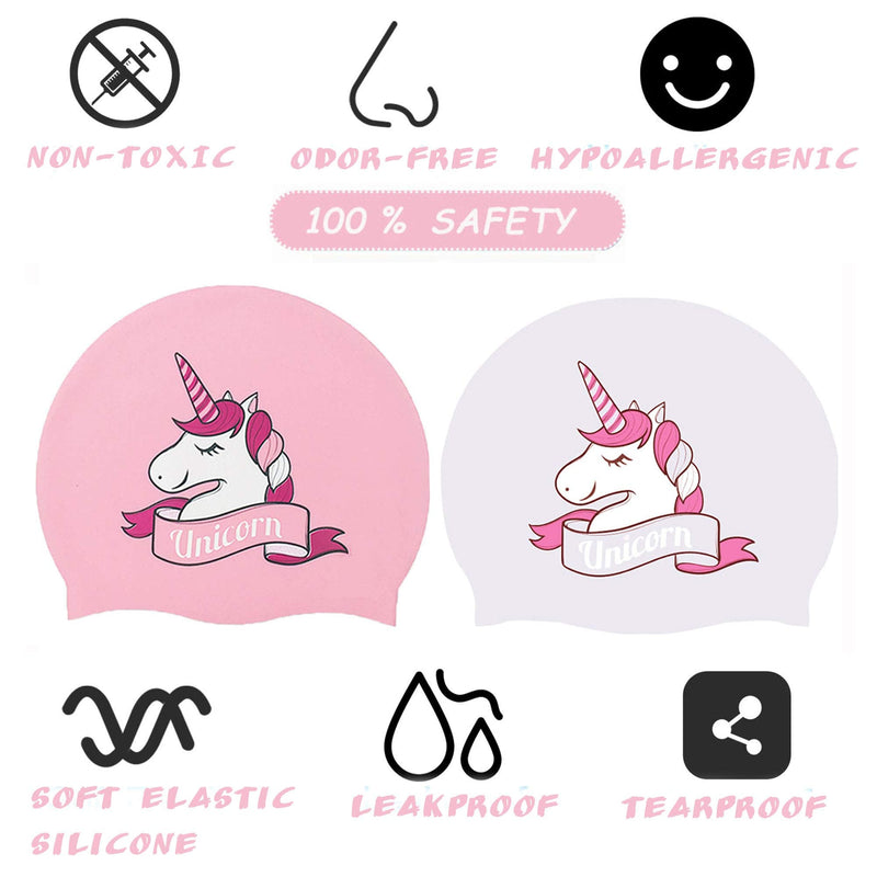 Houvillage Kids Swim Cap, 2 Pack, Silicone Children Swim Caps for Kid Toddler Boys and Girls, Fun Design Waterproof Junior Swimming Cap Pink and Blue Age 3-12 Unicorn Set W - BeesActive Australia