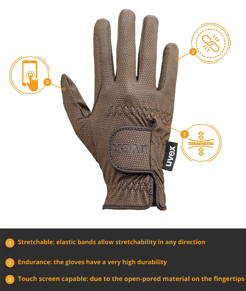 Uvex Sportstyle Horse Riding Gloves for Women & Men - Breathable, Washable & with Touchscreen Capability Brown 9.5 - BeesActive Australia