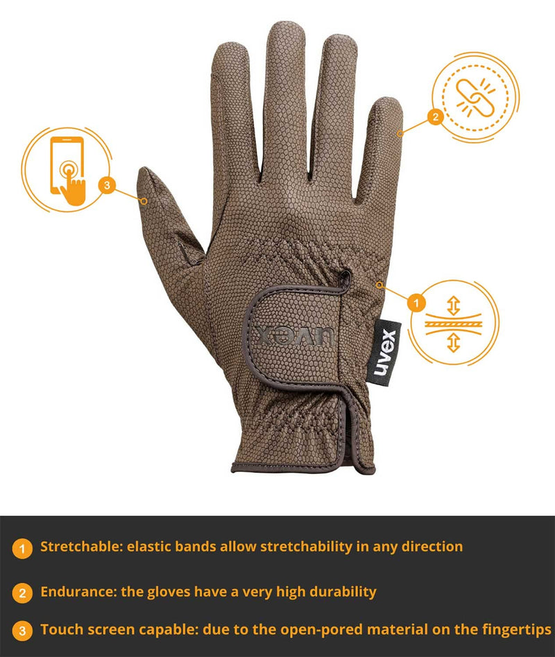 Uvex Sportstyle Horse Riding Gloves for Women & Men - Breathable, Washable & with Touchscreen Capability Brown 7.5" - BeesActive Australia