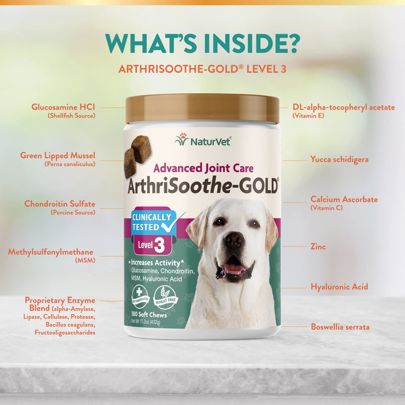 NaturVet Glucosamine for Dogs – Dog Supplement with Glucosamine, MSM, Chondroitin & Hyaluronic Acid – Soft Chews & Chewable Tablets ArthriSoothe-Gold Level 3 180 Soft Chews - BeesActive Australia