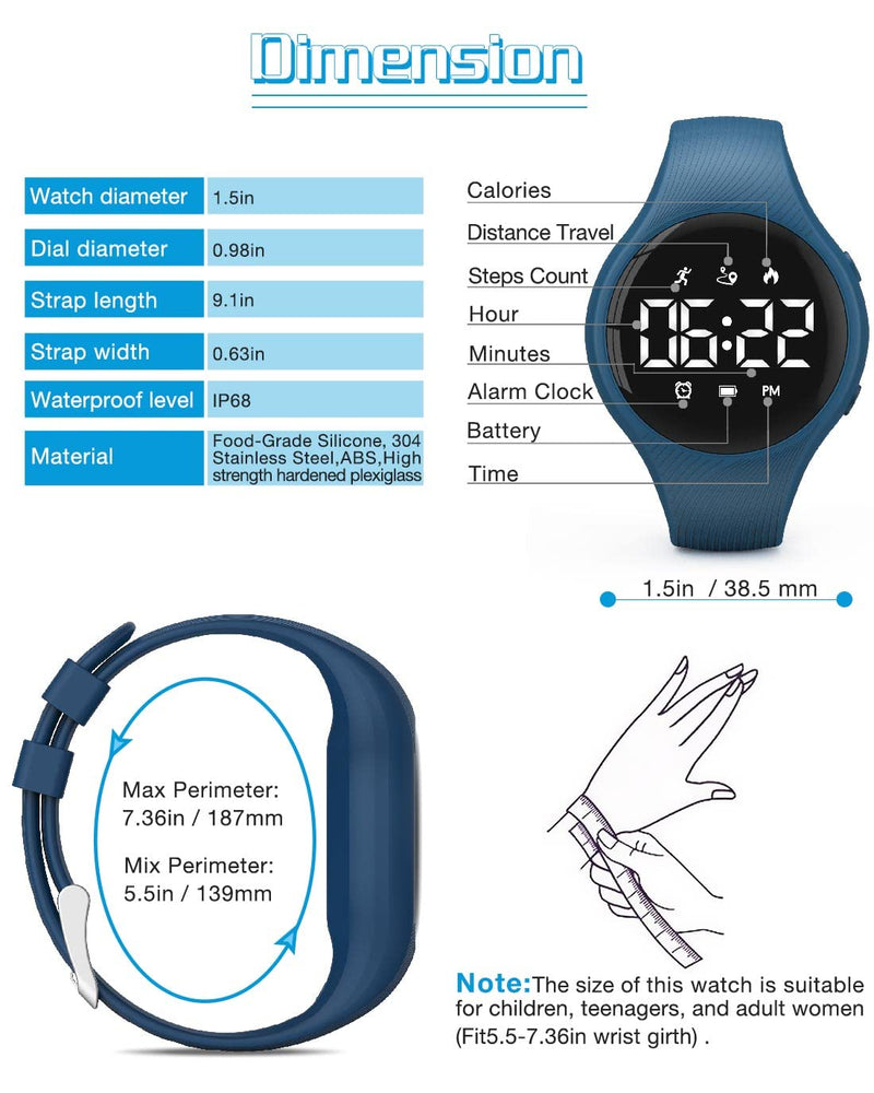 synwee Kids Digital Pedometer Watch, Step Counting Watch, IP68 Waterproof, Date/Alarm Clock/Timer, for Children Teens Boys Girls Women (LED Display- Deep Blue) LED Display- Deep blue - BeesActive Australia