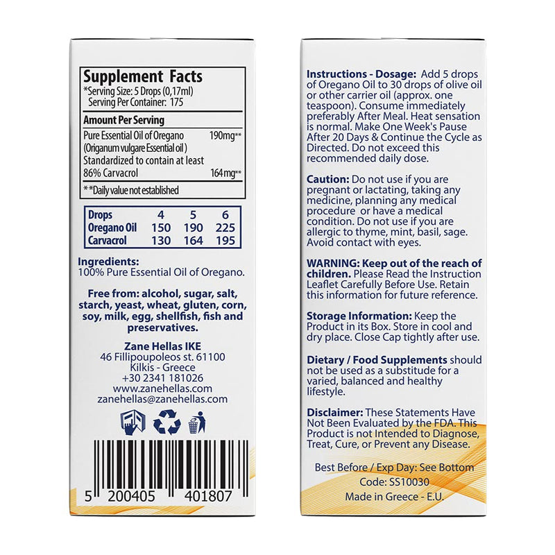 Zane Hellas 190 mg Oregano Oil-164 mg Carvacrol per Serving-4 Drops Daily. 100% Greek Undiluted Oil of Oregano. 86%-90% Min Carvacrol. Probably The Best Oregano Oil in The World. 1 fl. oz.-30ml. - BeesActive Australia