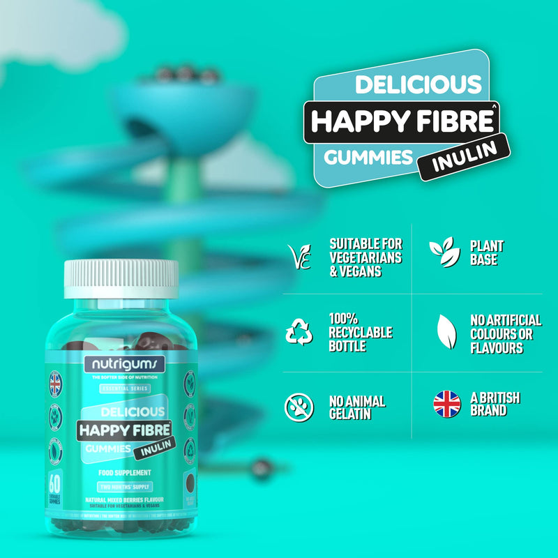 Happy Fibre (Inulin) Prebiotics Mixed Berry 60 Vegan Gummies | Chicory Root, 3.8g Fibre per 2 Gummies. Zero Added Sugar | Gut Health and Digestive System Support | Adults & Kids Age 5+ by NUTRIGUMS� - BeesActive Australia
