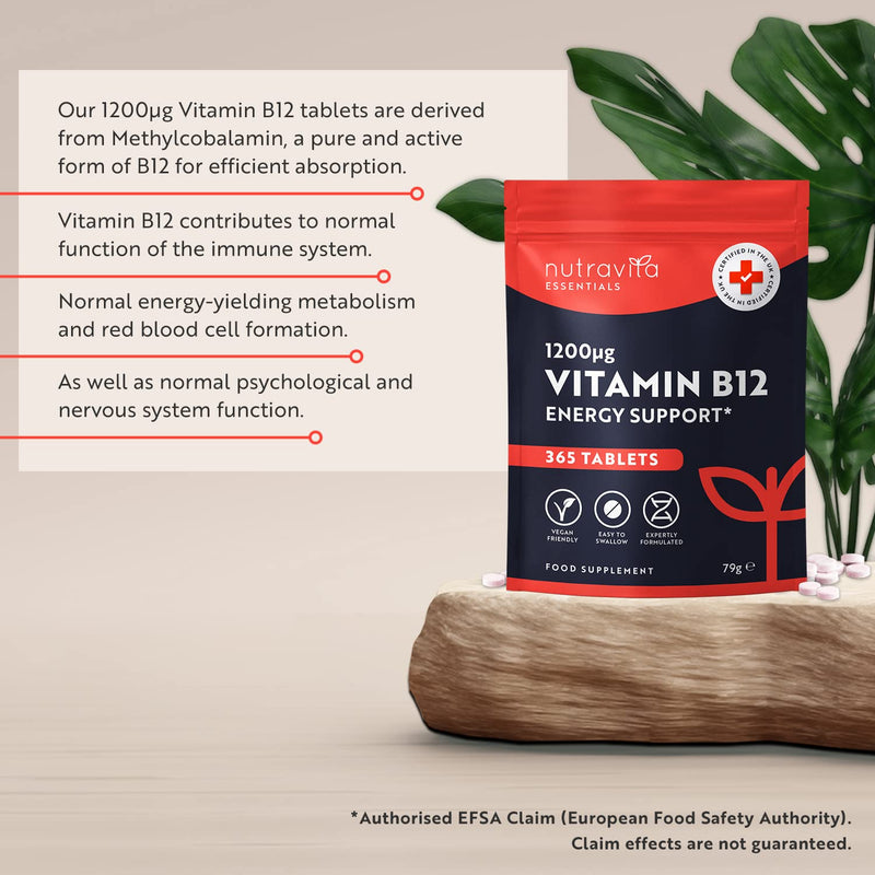 High Strength Vitamin B12 1200mcg Tablets - 365 Vegan Methylcobalamin Vitamin B Tablets - Contributes to The Reduction of Tiredness and Fatigue - VIT B12 - Made in The UK by Nutravita - BeesActive Australia