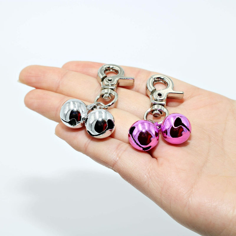 KITTAIL Bells for Dog Collars - 2 Pack Stainless Steel Bell Necklace for Dogs & Cat - Pet Pendant Accessories Training Collar Charm with Heavy Duty Snap Clips Silver & Pink - BeesActive Australia