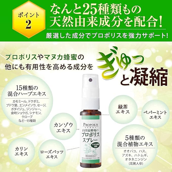 Yamada Beekeeping Propolis Spray, 1.0 fl oz (30 ml), Propolis Manuka Honey, Herbs, Peppermint, Compact Size, Vitamins and Minerals - BeesActive Australia