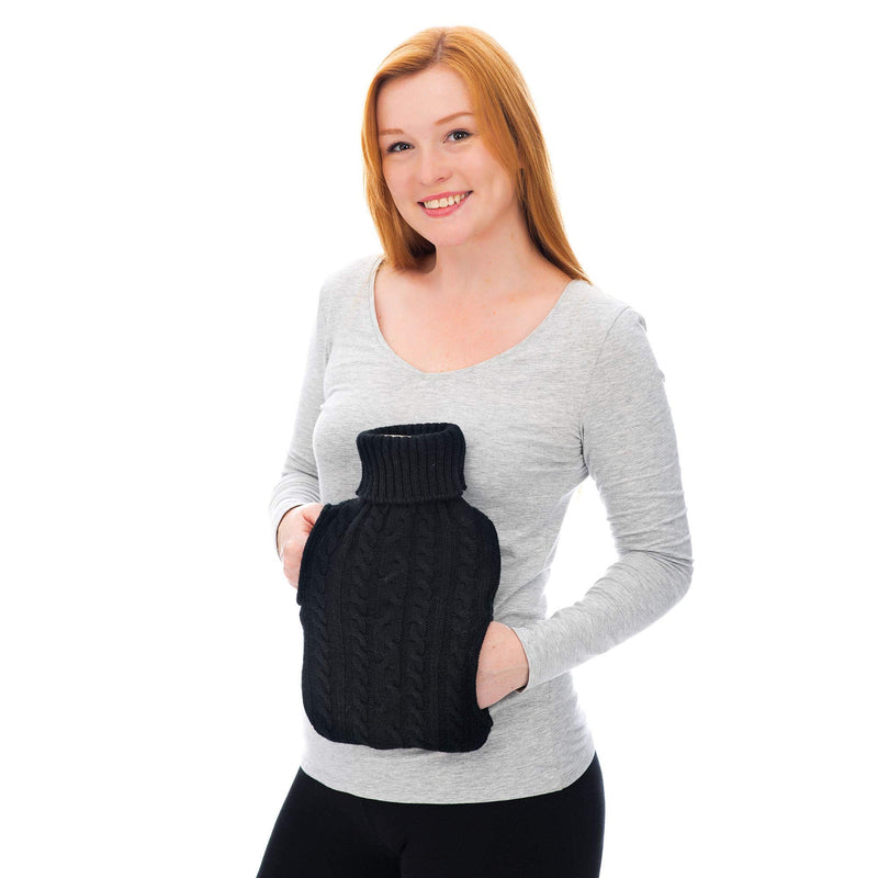 LIVIVO 2L Hot Water Bottle with Insulating Cover and Pockets for Hands - Keep Cosy and Warm (Black Knit) Black Knit - BeesActive Australia