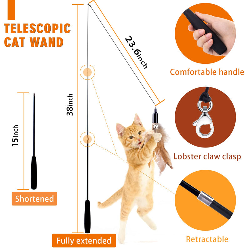 Retractable Cat Wand Toy for Indoor Cats Interactive Cat Feather Toys with Bell 8 Packs Kitten Toys with Fishing Pole Replaceable Worm Feather Tail Cat String Toy Gift for Indoor Outdoor - BeesActive Australia