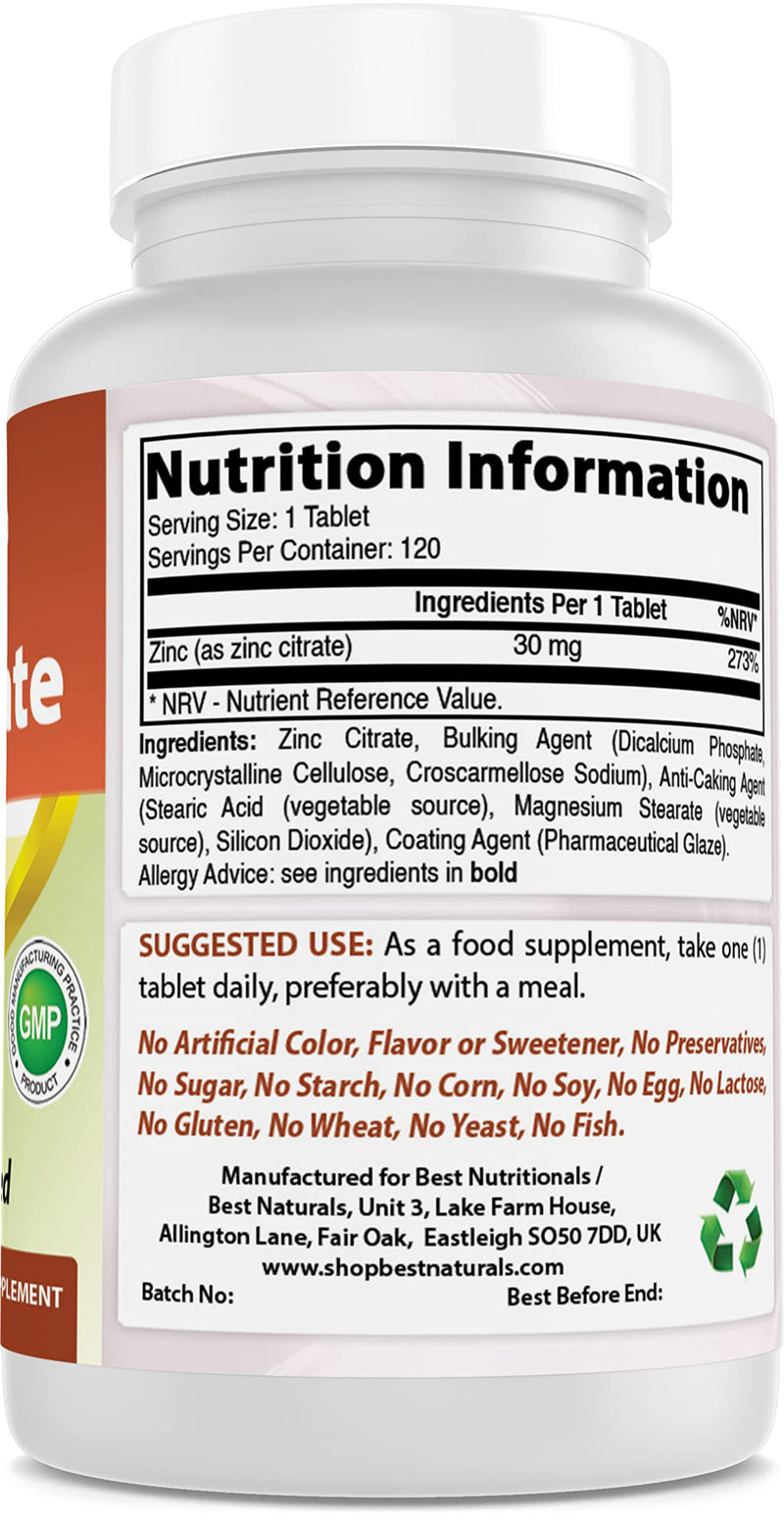 Best Naturals Zinc 30mg Supplements (as Zinc Citrate) - zinc Vitamins for Adults Immune Support - 120 Tablets (120 Count (Pack of 2)) - BeesActive Australia