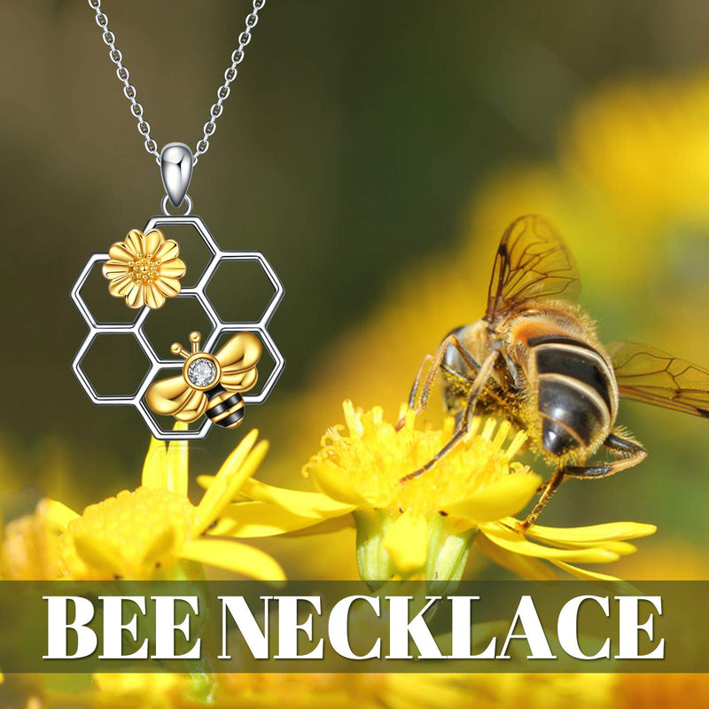 LUHE Bee Necklace 925 Sterling Silver honeycomb Cute Flower Pendant Necklaces for Women Christmas Gifts for Her - BeesActive Australia