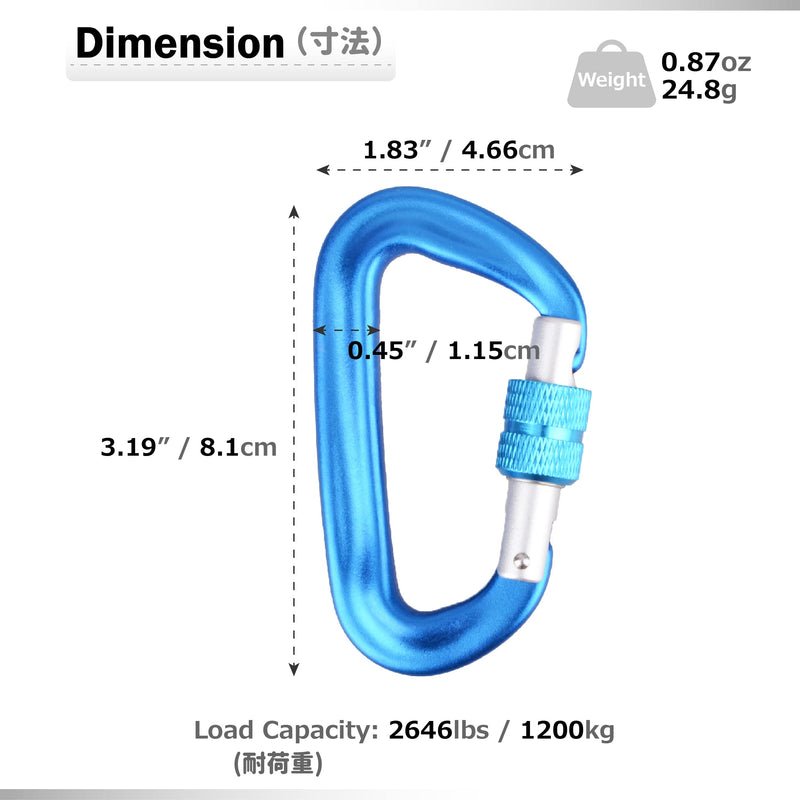 Azarxis Carabiner Clips, 12 25KN Aluminium D Ring Heavy Duty Lightweight Caribeaners for Hammock, Camping, Hiking, Outdoor, Gym, Dog Leash, Backpack, Harness - BeesActive Australia