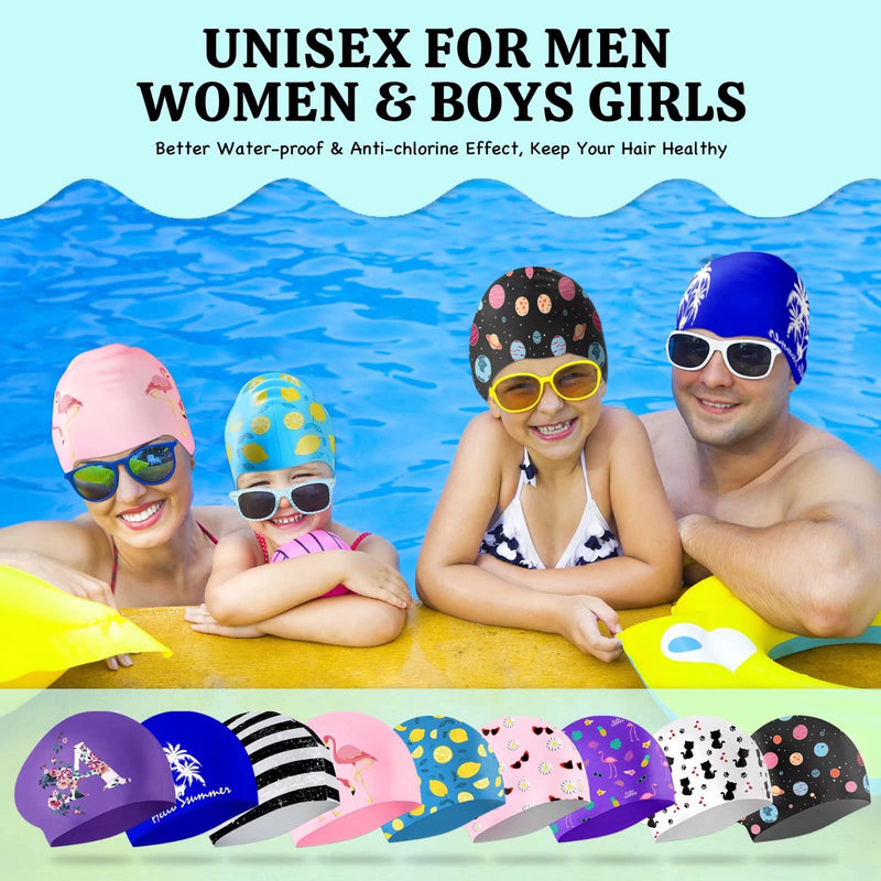 Swim Cap for Long/Short Hair, Adult/Kids Fashion Cute Design Printed Swimming Caps, Waterproof Silicone Bathing Shower Cap for Men Women Boys Girls, High Elastic Swim Hat with Ear Plugs Nose Clip Pattern-A5 Adult/Teen - BeesActive Australia