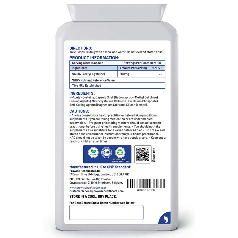 NAC N-Acetyl-Cysteine 600mg | 120 Capsules of Nac N-Acetyl-Cysteine | Vegan N-Acetyl-Cysteine Nutritional Supplements | High Bioavailability & No Fillers | UK Manufactured by Prowise Healthcare - BeesActive Australia