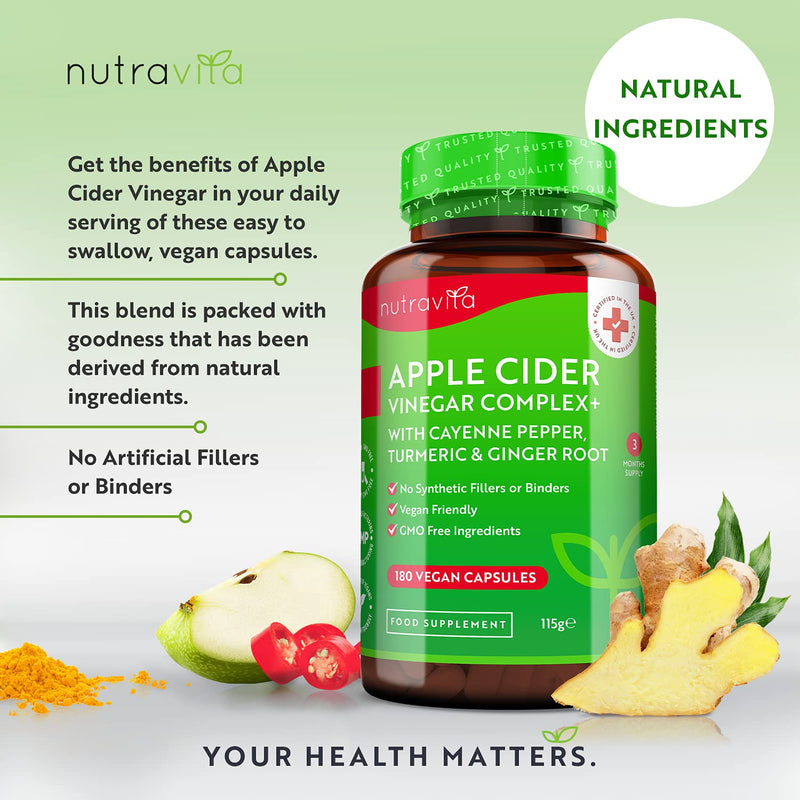 Apple Cider Vinegar Capsules with Cayenne Pepper, Turmeric and Ginger Root - 180 Vegan Capsules Made from UK Grown Apples - Raw Unfiltered ACV - 1033mg Daily Dosage - Made in The UK by Nutravita 180 Count (Pack of 1) - BeesActive Australia