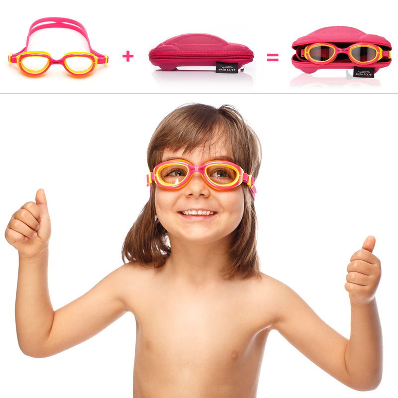 [AUSTRALIA] - SWIM ELITE Kids Goggles for Swimming with Fun Car Hard Case for Kids & Toddlers Age 2-8 Years Old Pink 