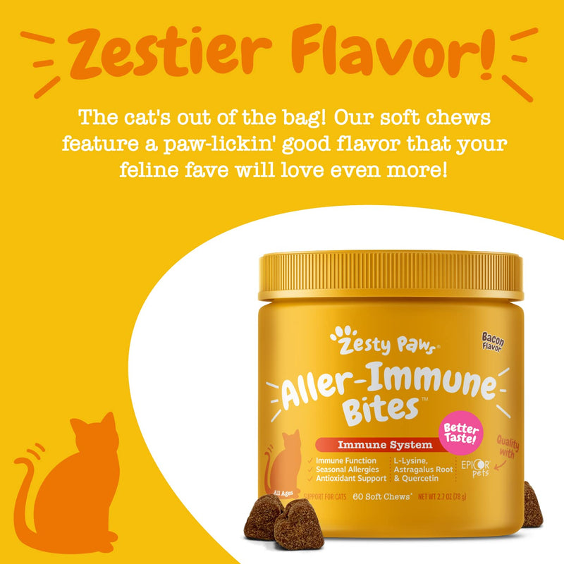 Zesty Paws Aller-Immune Soft Chews for Cats - with L-Lysine, EpiCor, Astragalus Root, Quercetin & Antioxidants - Advanced Functional Supplement for Cat Immune Support - Bacon Flavor - 60 Count - BeesActive Australia
