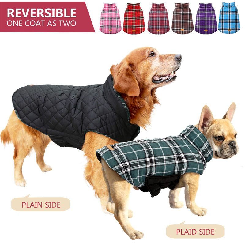 Kuoser Cozy Waterproof Windproof Reversible British Style Plaid Dog Vest Winter Coat Warm Dog Apparel for Cold Weather Dog Jacket for Small Medium Large Dogs with Furry Collar (XS - 3XL) Medium (Pack of 1) Green - BeesActive Australia