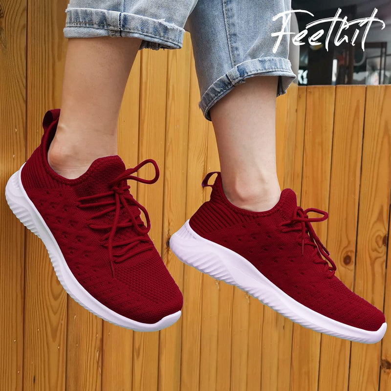 Feethit Womens Slip On Walking Shoes Non Slip Running Shoes Breathable Lightweight Gym Sneakers 7 Burgundy - BeesActive Australia