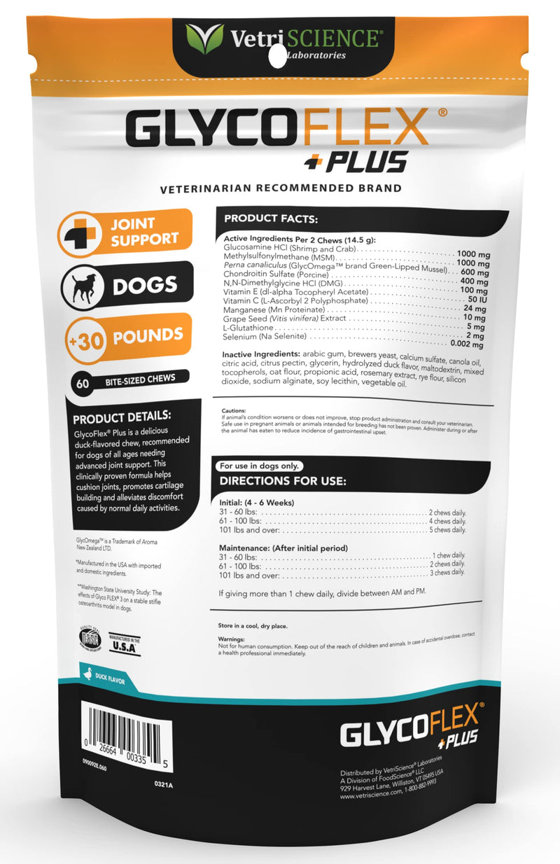 VETRISCIENCE Glycoflex Plus Clinically Proven Hip and Joint Supplement with Glucosamine for Dogs - Advanced Mobility Support with MSM, Chondroitin, and Perna Duck 60 Count - BeesActive Australia