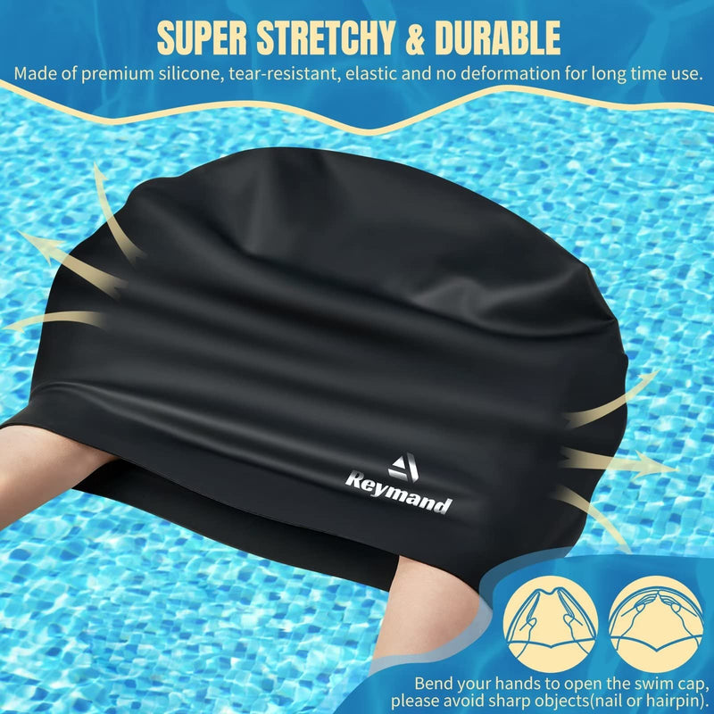2 Pack Extra Large Swim Cap for Braids and Dreadlocks, Silicone Swimming Caps for Long Hair, Weaves, Extensions, Curls & Afros, Waterproof Adult Swim Hats Bathing Caps for Women Men Black+Rose Red - BeesActive Australia