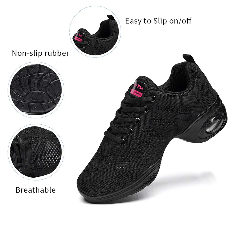 Women's Jazz Shoes Lace-up Sneakers - Breathable Air Cushion Lady Split Sole Athletic Walking Dance Shoes Platform 5 A Black - BeesActive Australia