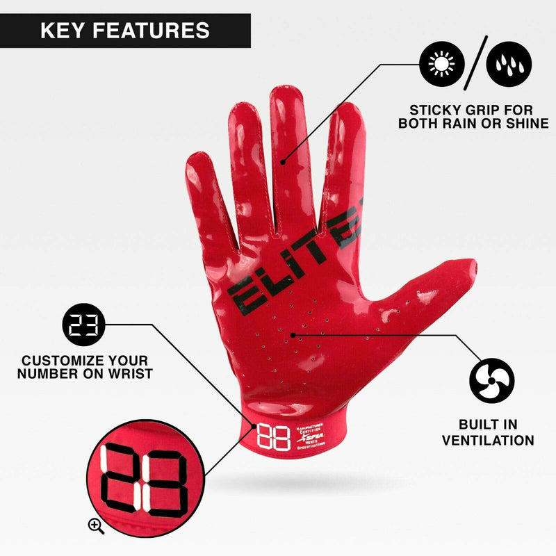 Kids EliteTek RG-14 Super Tight Fitting Football Gloves - Youth Sizes - Easy Slip On Design No Wrist Strap X-Small Fire Red - BeesActive Australia
