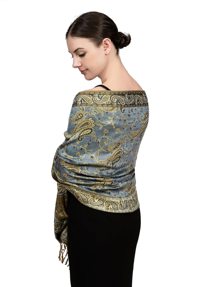 Achillea Soft Silky Reversible Paisley Pashmina Shawl Wrap Scarf w/Fringes Steel Blue - BeesActive Australia