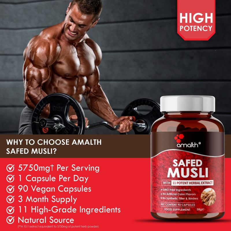 Safed Musli Extract Supreme Quality, High Potency Added Piperine to Boost Absorption, 5750mg Extra Strength with 11 Potent Herbs Support Boost Stamina & Muscle Building 90 Veg Capsule-Amalth - BeesActive Australia