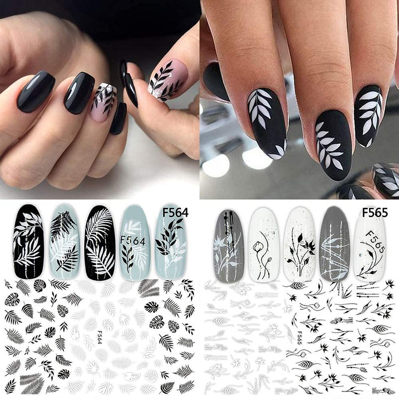 Mori Elves Nail Art Stickers Black White Flower Palm Leaf Nail Self-Adhesive Decals Summer 3D Natural Fresh Style Minimalist Lines Design Sticker for Women Girls Nail DIY Accessories (10 Sheets) - BeesActive Australia